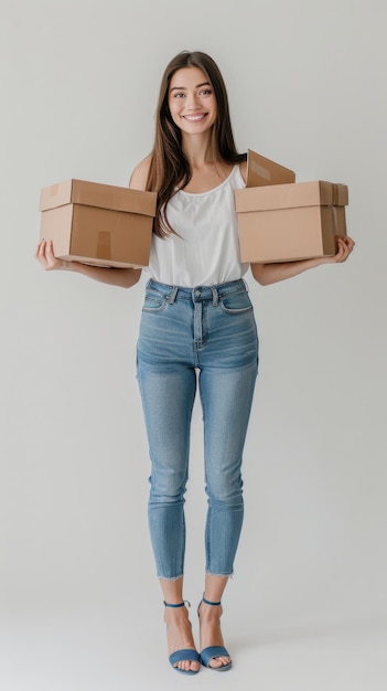 Woman dressed in casual style holding several parcel boxes