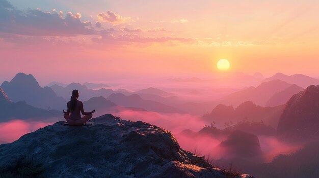 The Woman Dressed in Comfortable Yoga Attire Silhouetted Against a Soft PastelColored Sunrise