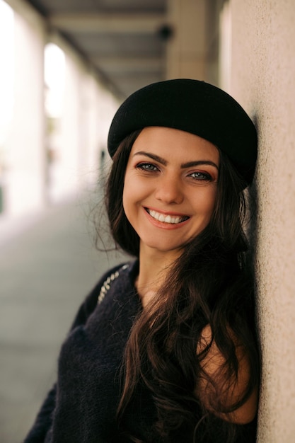 Woman dressed in retro style walking around the city