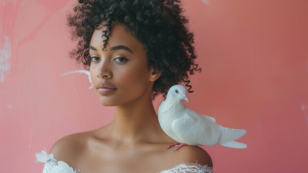 Woman dressed in white dress with a white dove on a shoulder on a pink background