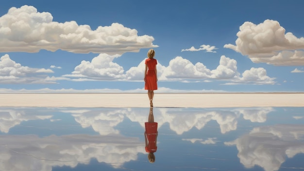 a woman in dresses walks along a deserted mirror surface