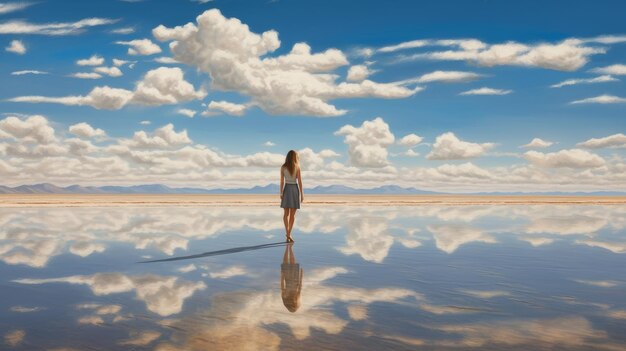 a woman in dresses walks along a deserted mirror surface