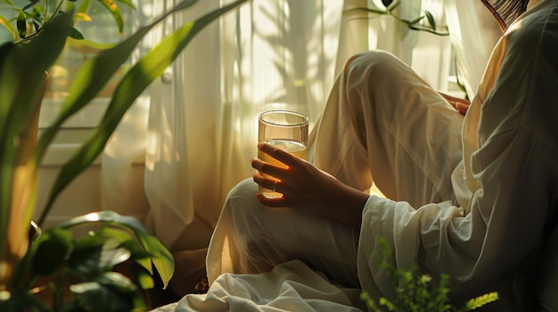 Photo woman drink fresh water in the morning at home kitchen healthy rituals of hydrolyzation for women