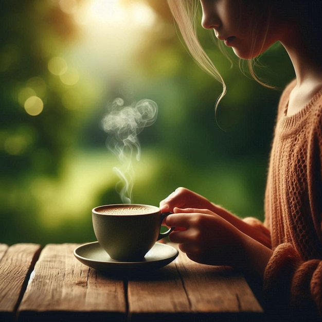 a woman drinking coffee from a cup on a wooden table