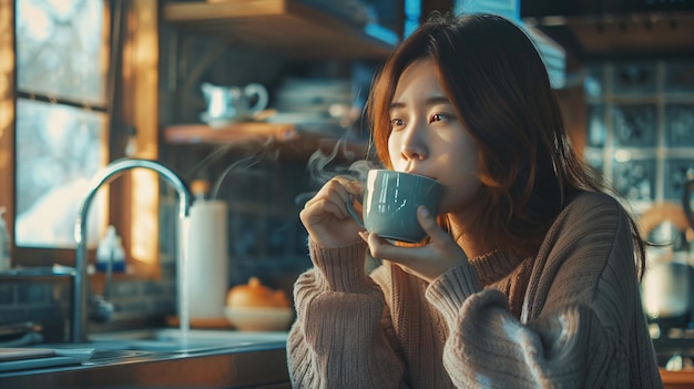 a woman drinking a cup of coffee in a cafe