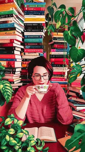 a woman drinking a cup of tea with a book titled quot the word quot on the bottom