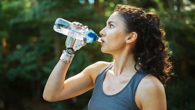 a woman drinking from a bottle of water