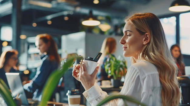 Photo a woman drinking from a coffee cup in a restaurant