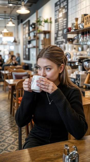 Photo a woman drinking from a coffee cup in a store