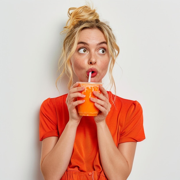 Photo a woman drinking from an orange drink with an orange drink in her mouth