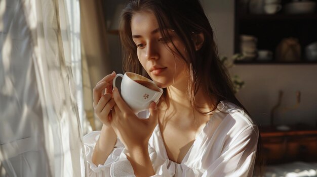 a woman drinking from a teacup with a letter on it