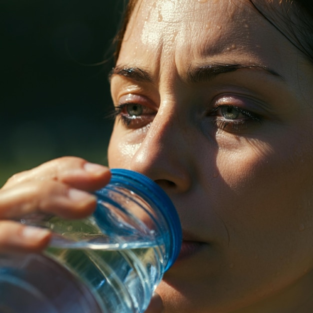 Photo a woman drinking from a water bottle with a blue lid