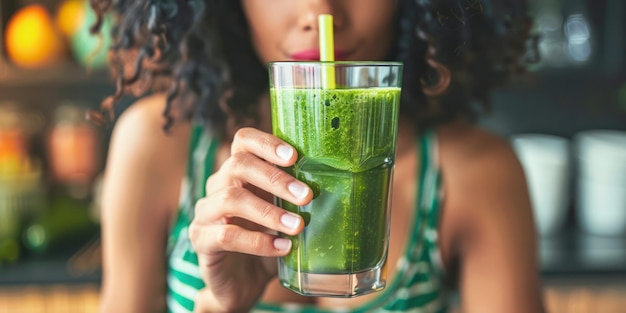 A woman drinking a green smoothie made with spinach kale and fruits