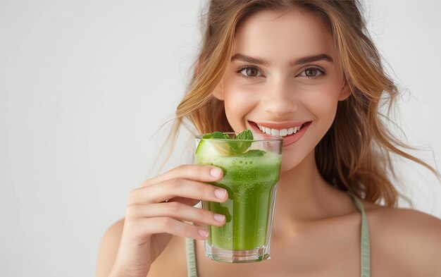 Photo woman drinking green smoothie with white background