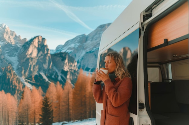 Photo woman drinking tea in camper van on the background of dolomites in autumn young caucasian woman drin