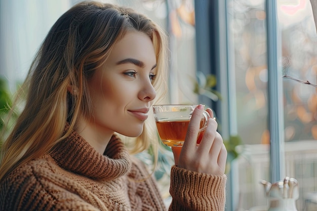 Photo woman drinking tea at home