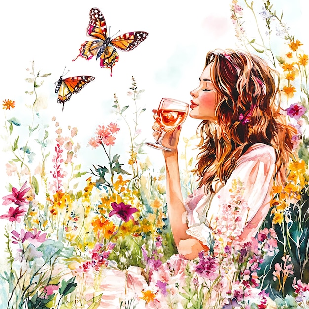 Photo woman drinking wine in a field of flowers with butterflies