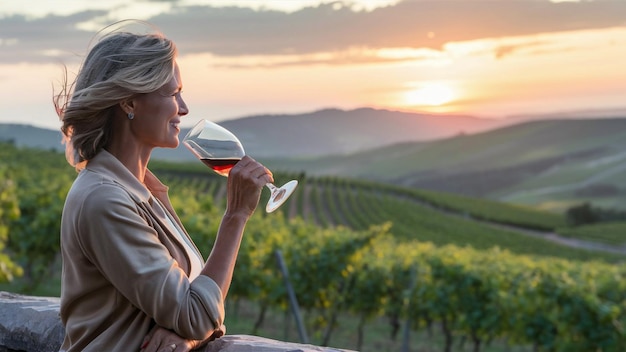 Photo a woman drinking wine from a wine glass at sunset