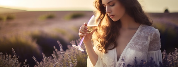 A woman drinks wine in a lavender field