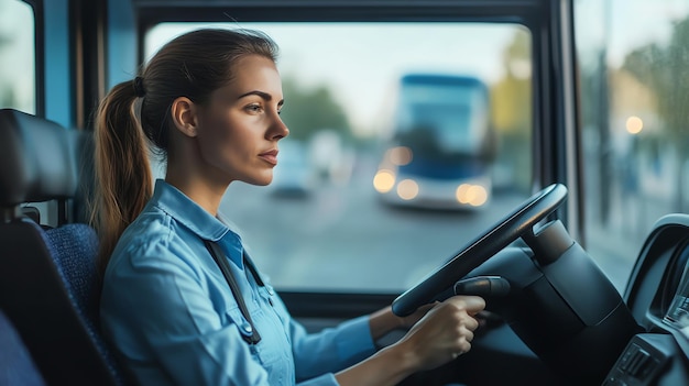 Photo a woman drives a bus looking intently at the road