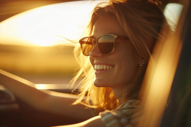 A woman drives joyfully with sunglasses on her face The sun sets creating a beautiful glow inside the car Ideal for travel and lifestyle themes Generative AI