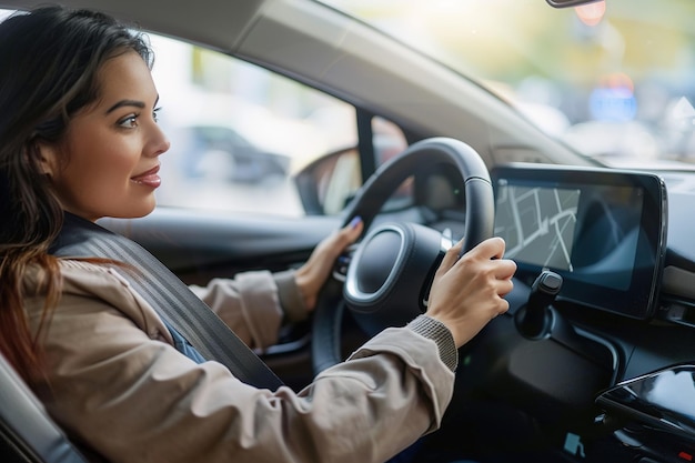 Woman drives a modern vehicle with a touchscreen navigator