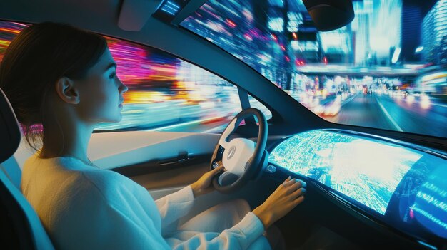 Woman Driving a Car at Night with a Futuristic Dashboard Display