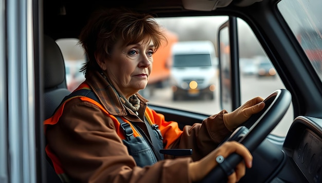 Photo a woman driving a car with a steering wheel