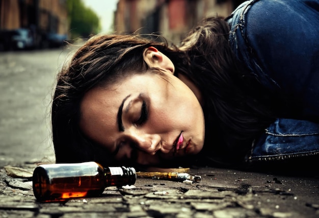 Photo a woman drug addict lies on a city street problem of drug addiction and alcoholism theme