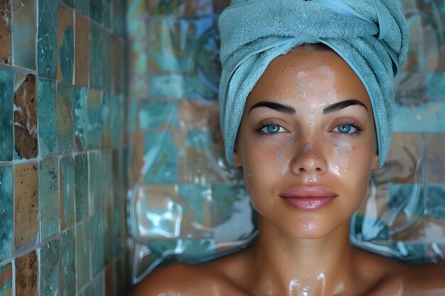 Woman Drying Hair With Blue Towel