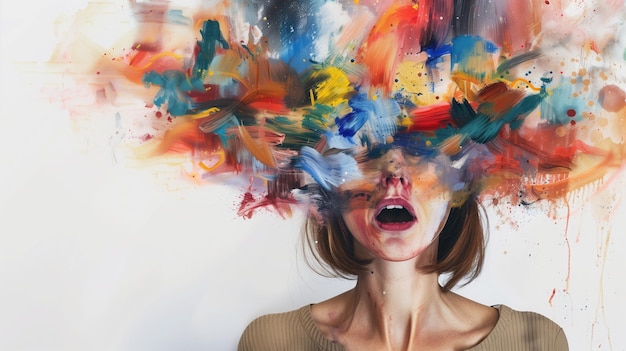 Woman dynamic explosion paint strokes mental health scream raw emotions