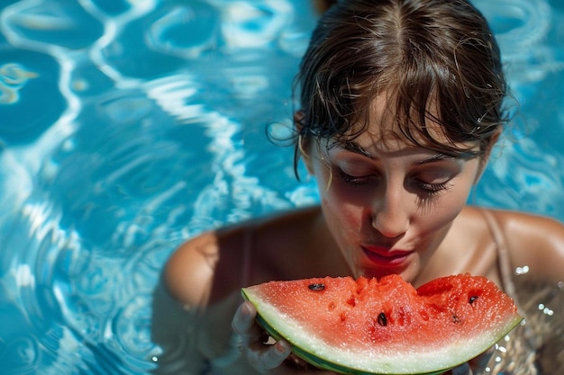 Photo woman eat a watermelon at the swimming pool