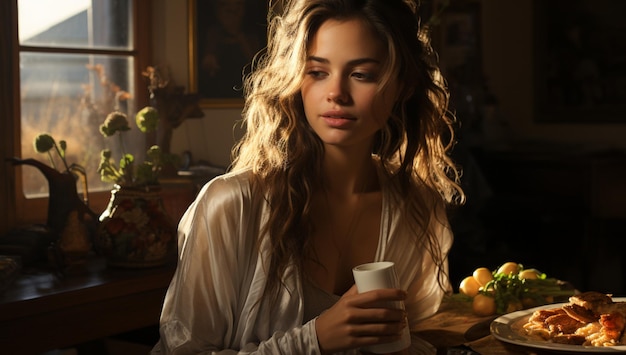 a woman eating a bagel in her home chiaroscuro lighting heavy shadows sunlight painterly drama