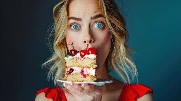 Photo a woman eating a cake with the word cherry on it