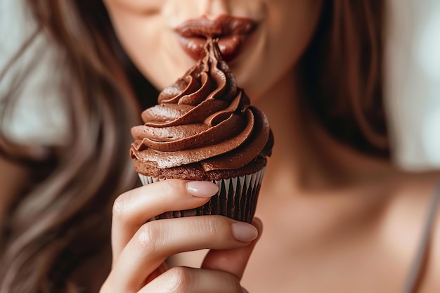 woman eating a chocolate cupcake in closeup Generative AI