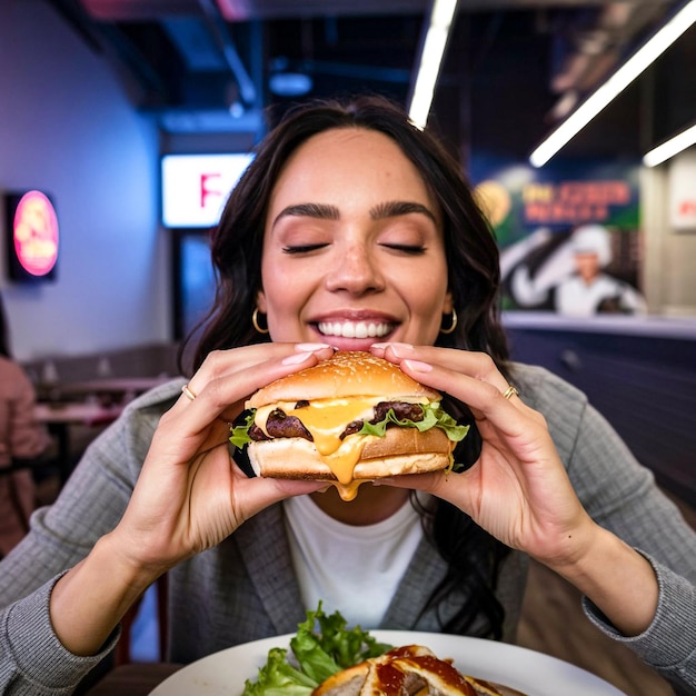 a woman eating delicious hamburger