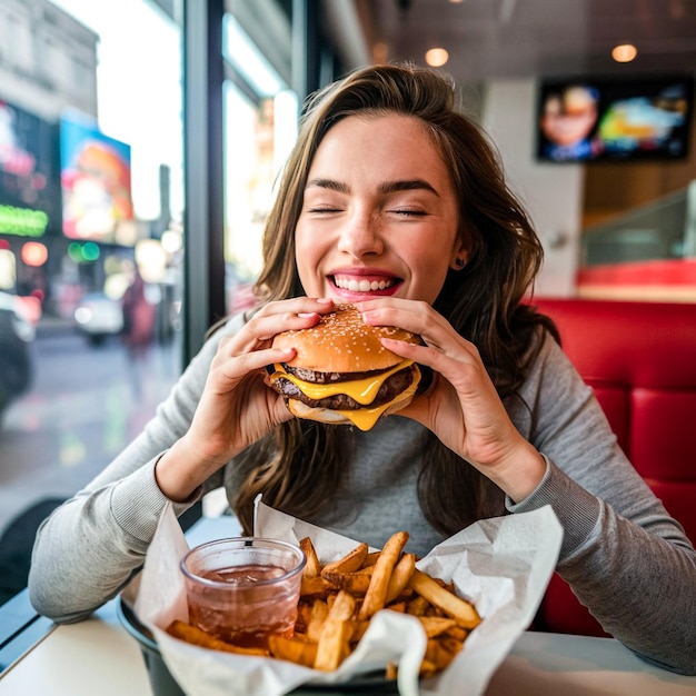 Photo a woman eating delicious hamburger