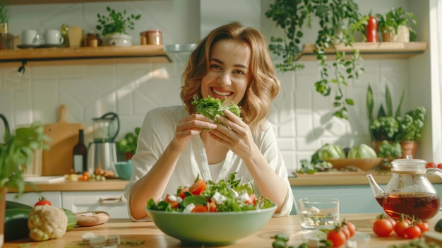 The Woman Eating Fresh Salad