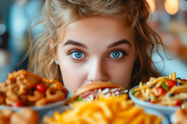 Photo a woman eating a hamburger and french fries in a fast food restaurant