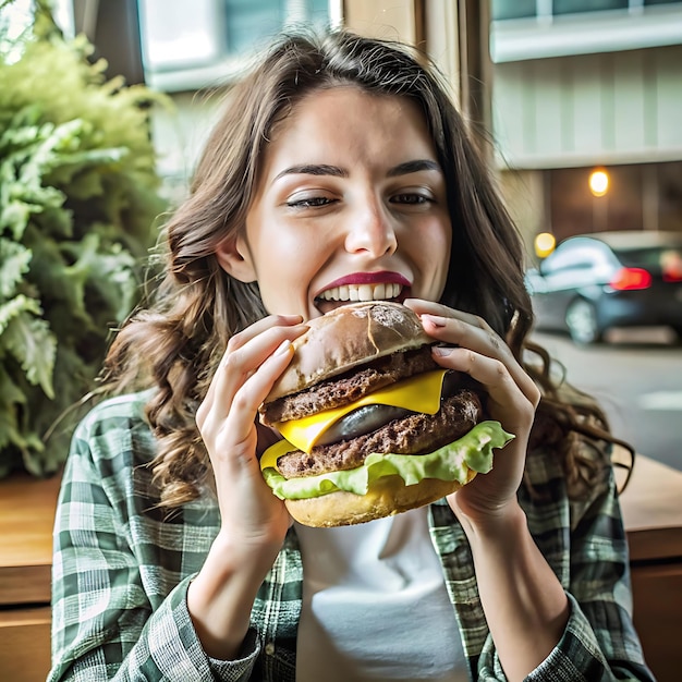 Photo a woman eating a hamburger with a hamburger on it