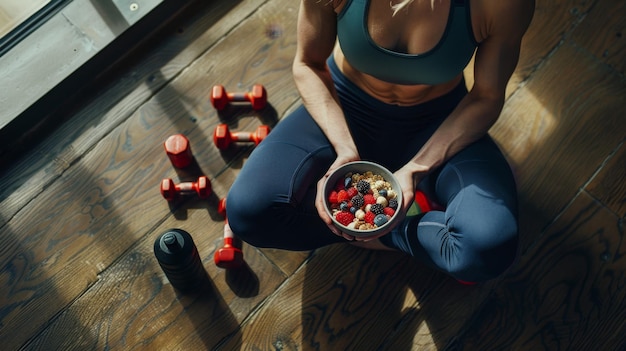 Photo the woman eating healthy snack