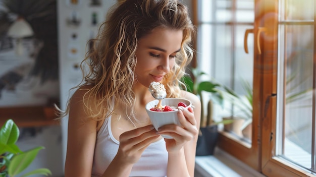 Photo a woman eating ice cream with a cup of strawberry in front of her