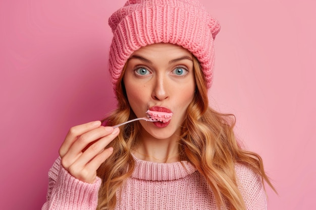 Photo woman eating lunch licking metal spoon