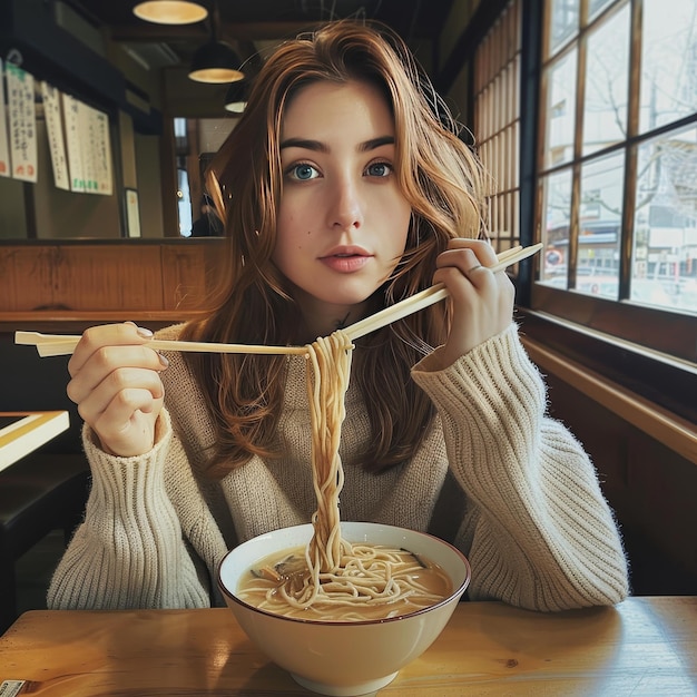 A woman eating noodles with chopsticks in front of a window