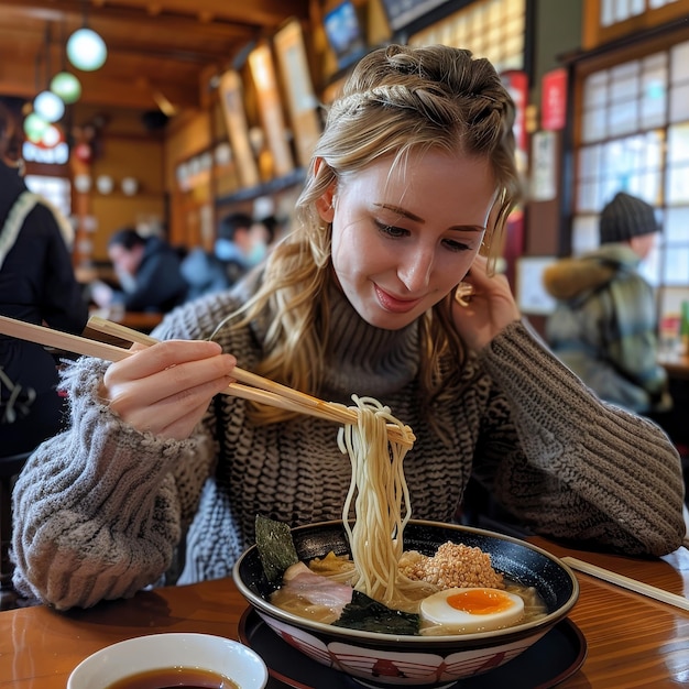 Photo a woman eating noodles with chopsticks in a restaurant