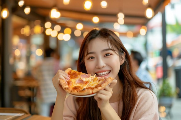 Woman eating pizza at home