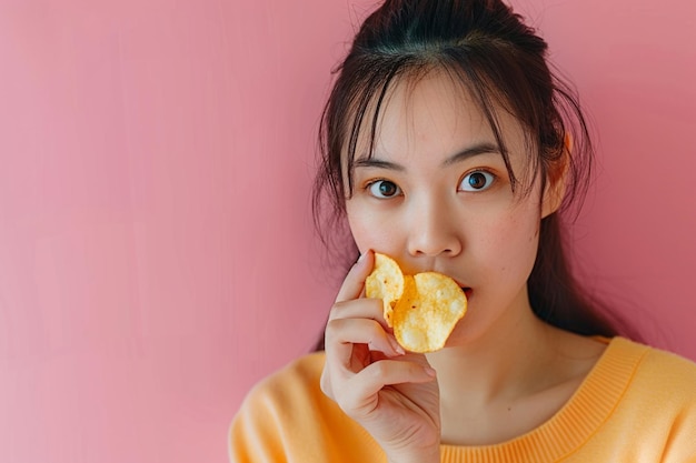 Photo a woman eating a potato chip and smiling