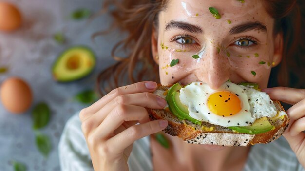 Photo a woman eating a sandwich with an egg on it