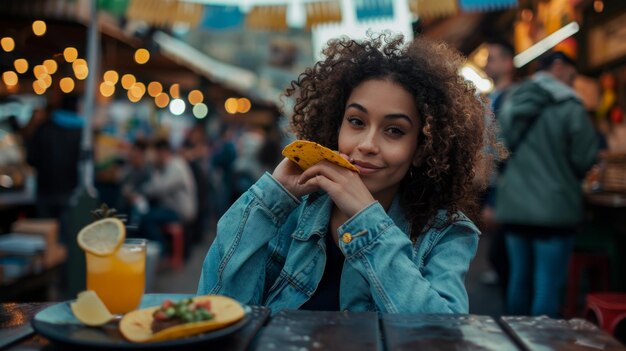 Photo the woman eating taco