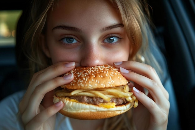 Woman eating unhealthy food late at night